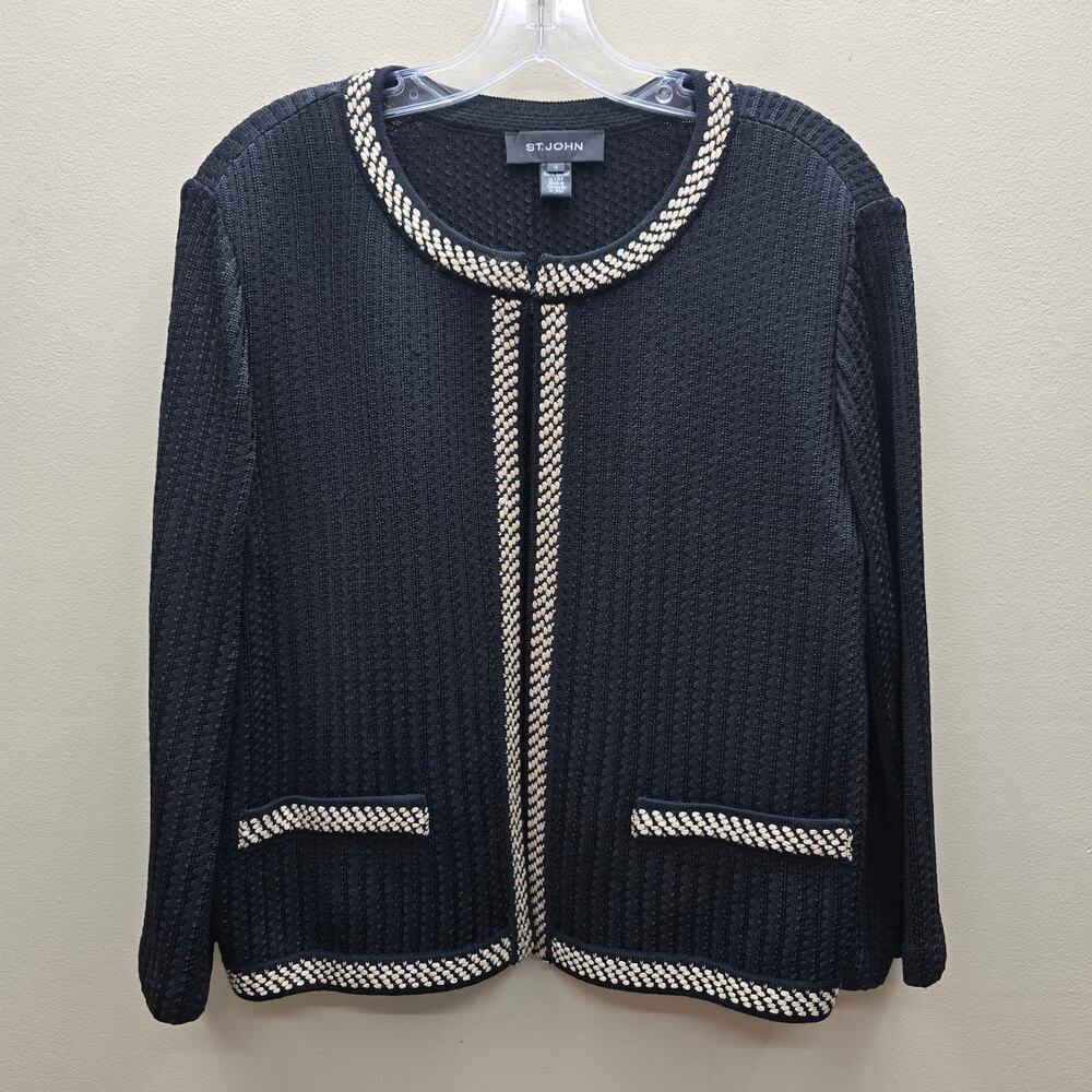 St. John Knit Cardigan Jacket Old Money Elegant Corporate Chic Black Size 12